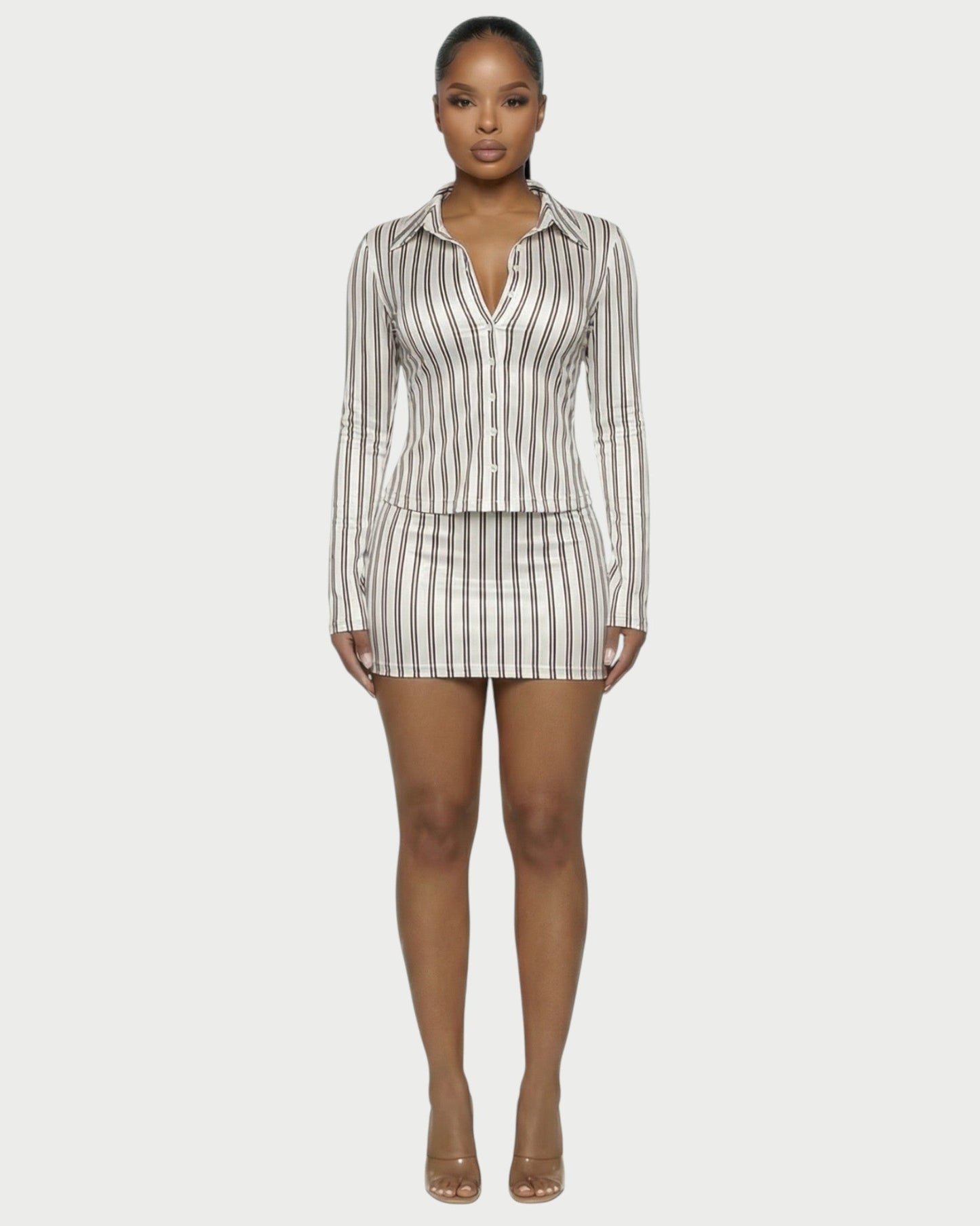 AVENYA – Ensemble chemise rayée à manches longues et mini jupe ajustée