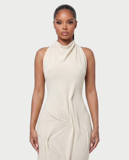 Bachina – Robe maxi asymétrique à dos ouvert et drapé