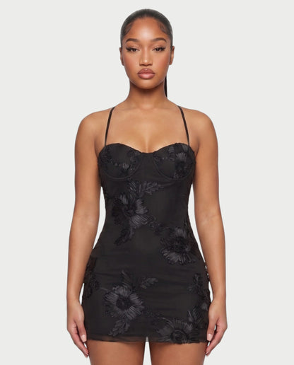 LYSENNE Floral Lace-Up Back Mini Dress