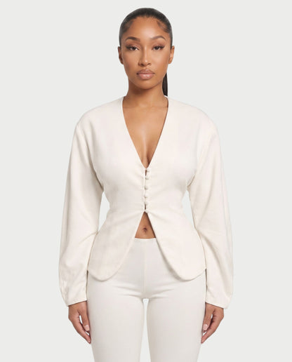 Saylia – Ensemble top boutonné et pantalon capri en tissu léger et coupe ajustée