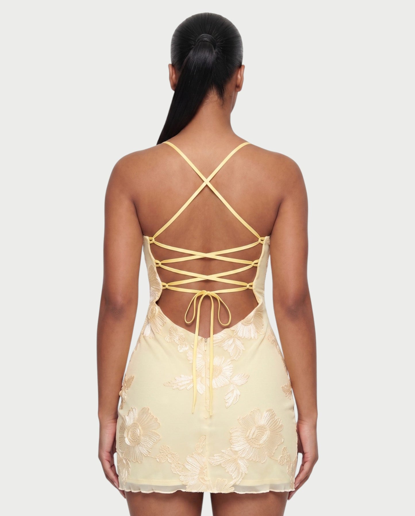 LYSENNE Floral Lace-Up Back Mini Dress