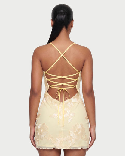 LYSENNE Floral Lace-Up Back Mini Dress