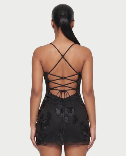 LYSENNE Floral Lace-Up Back Mini Dress