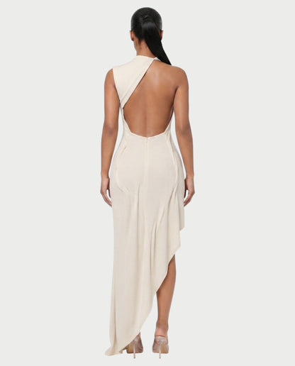 Bachina – Robe maxi asymétrique à dos ouvert et drapé