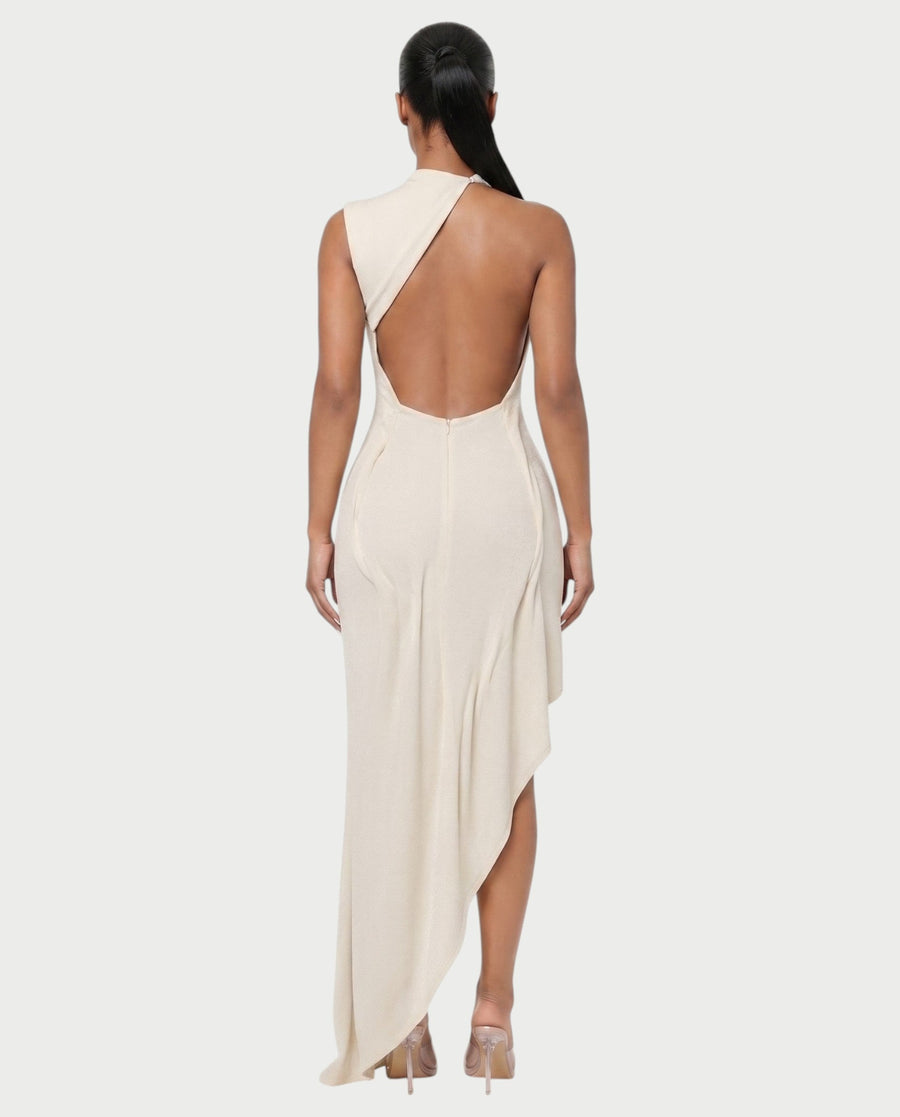 Bachina – Robe maxi asymétrique à dos ouvert et drapé