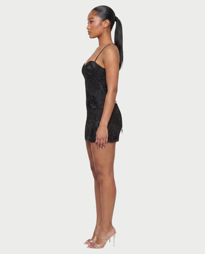 LYSENNE Floral Lace-Up Back Mini Dress