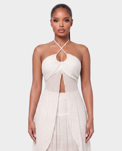 Salyne – Ensemble top cutout et jupe à volants, coupe ajustée