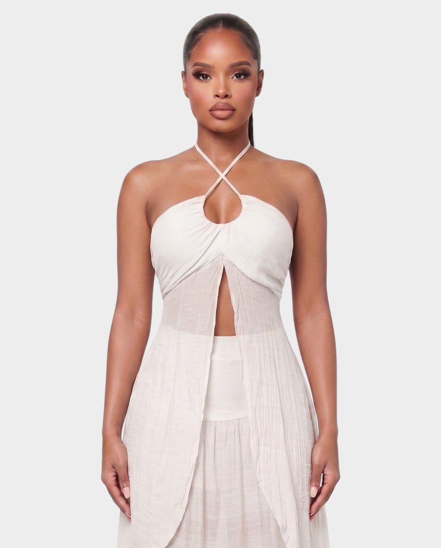 Salyne – Ensemble top cutout et jupe à volants, coupe ajustée