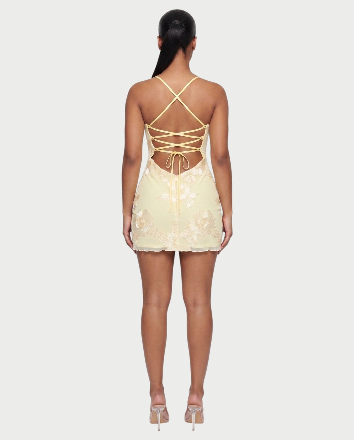 LYSENNE Floral Lace-Up Back Mini Dress