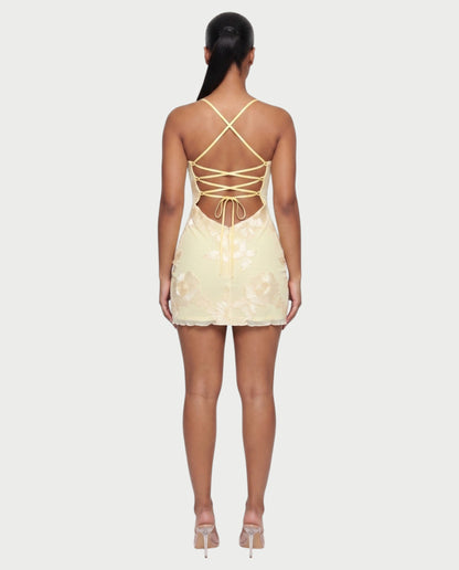 LYSENNE Floral Lace-Up Back Mini Dress