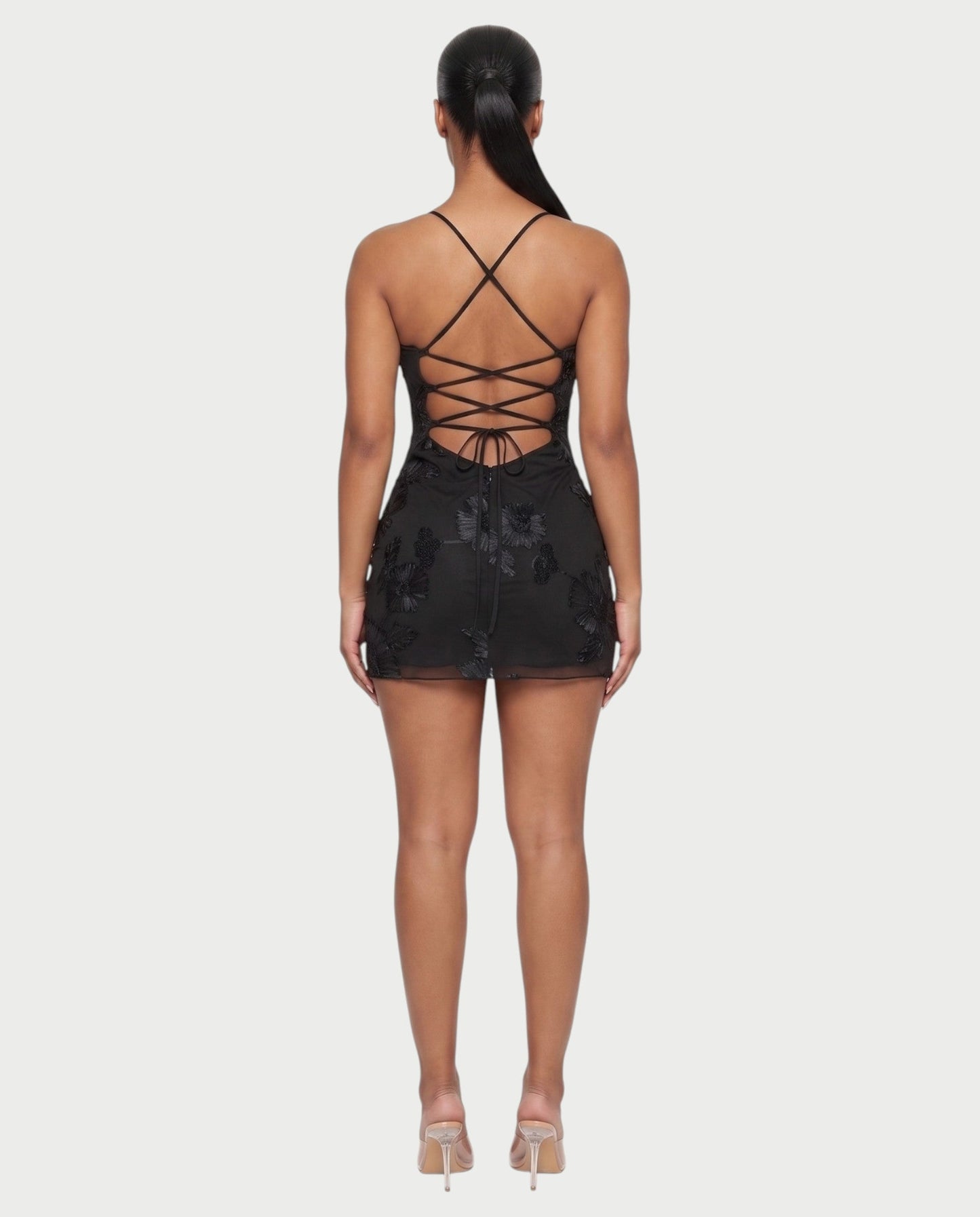 LYSENNE Floral Lace-Up Back Mini Dress