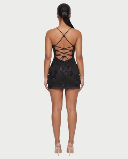 LYSENNE Floral Lace-Up Back Mini Dress
