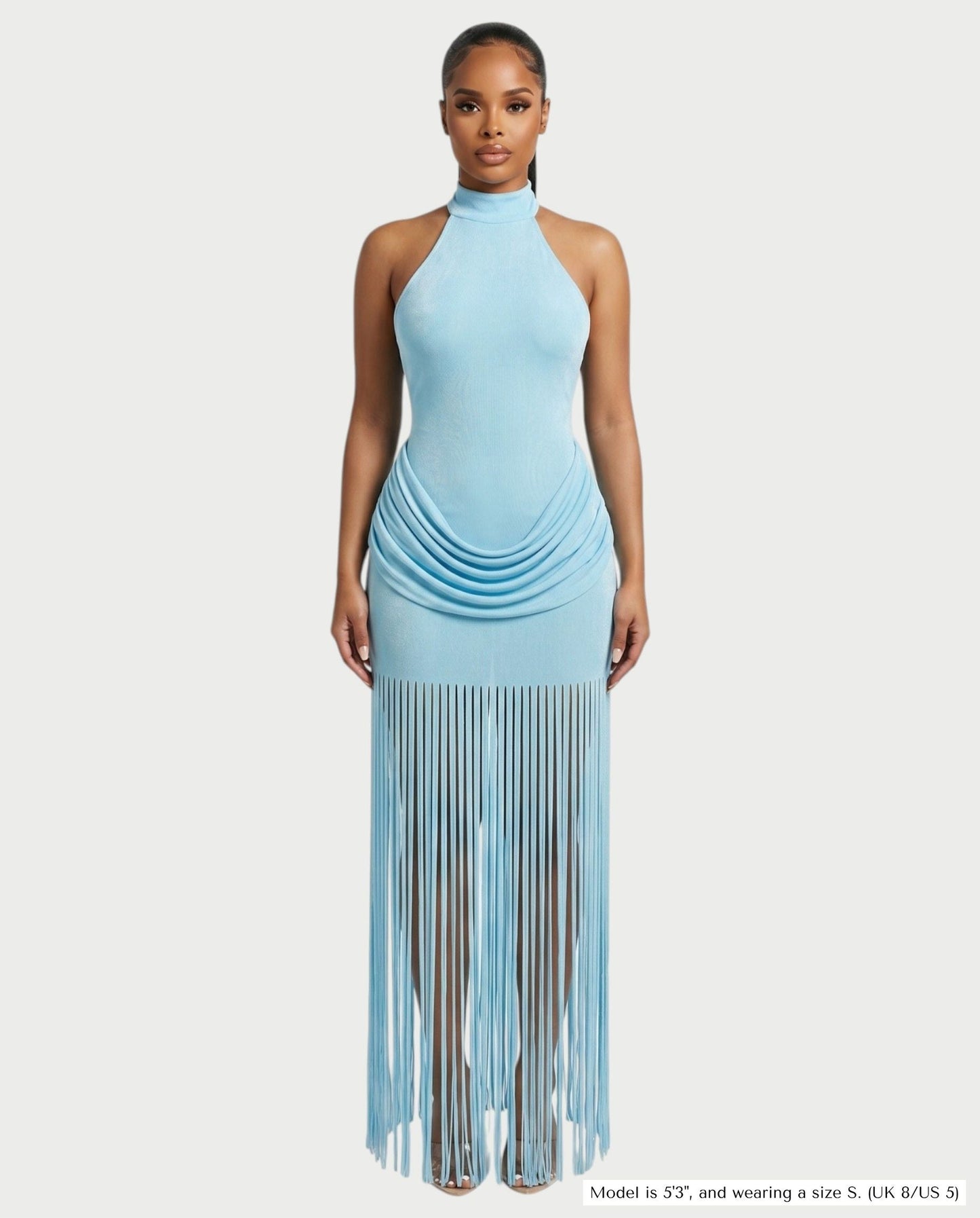 Salyne – Robe maxi drapée à col halter et franges