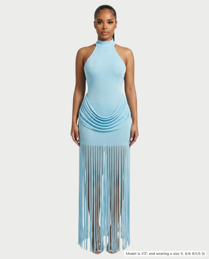 Salyne – Robe maxi drapée à col halter et franges