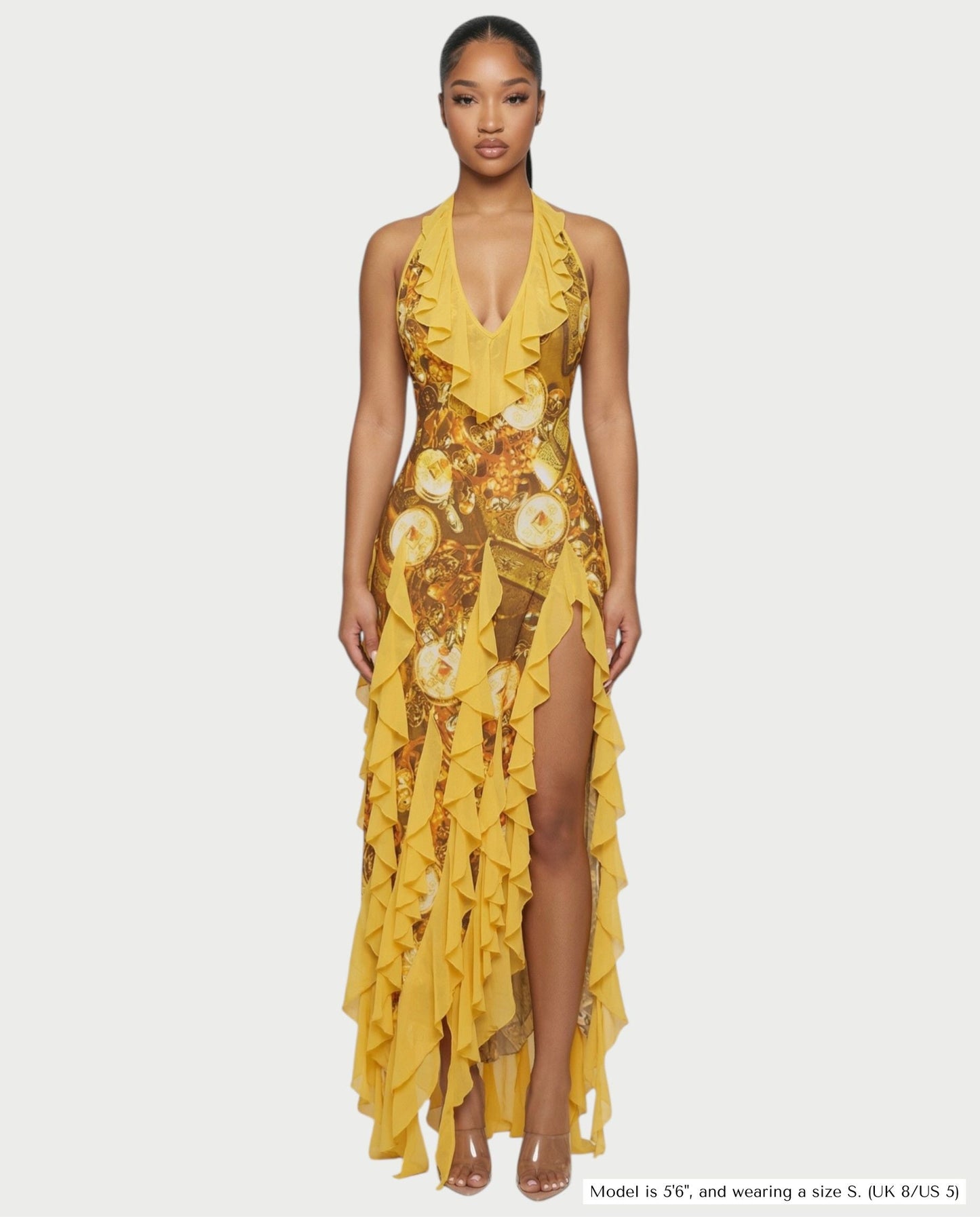 Bachina – Robe maxi à volants et imprimé chaîne baroque