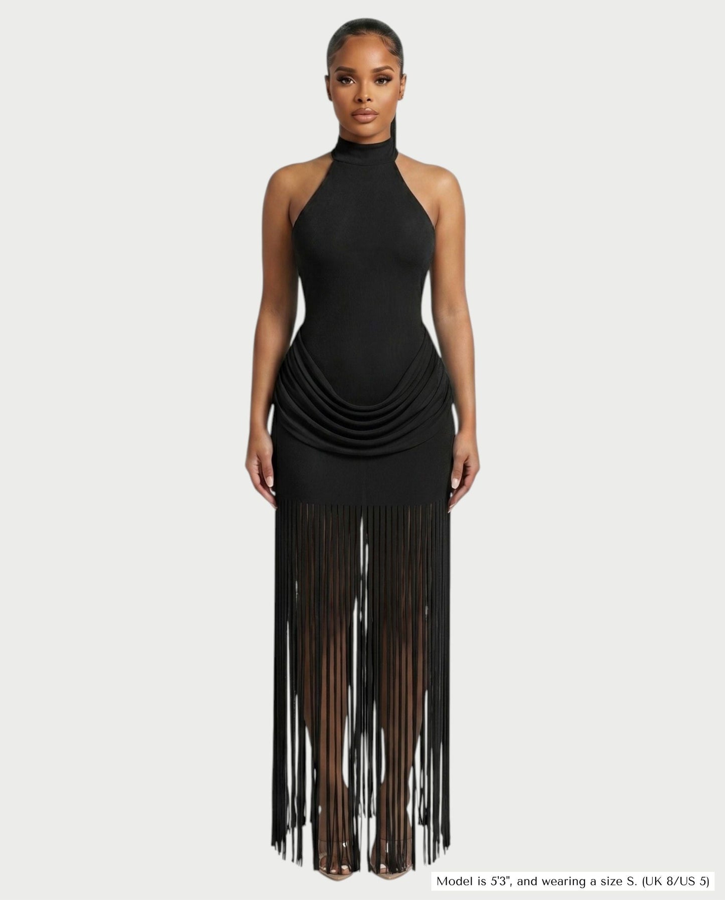 Salyne – Robe maxi drapée à col halter et franges