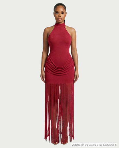 Salyne – Robe maxi drapée à col halter et franges