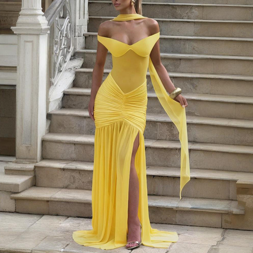 Crossborder – Robe longue en tulle à décolleté dos nu et fente latérale