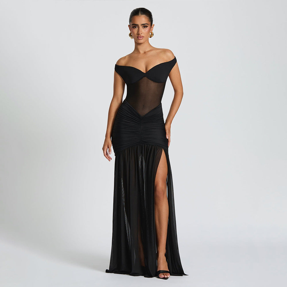 Crossborder – Robe longue en tulle à décolleté dos nu et fente latérale