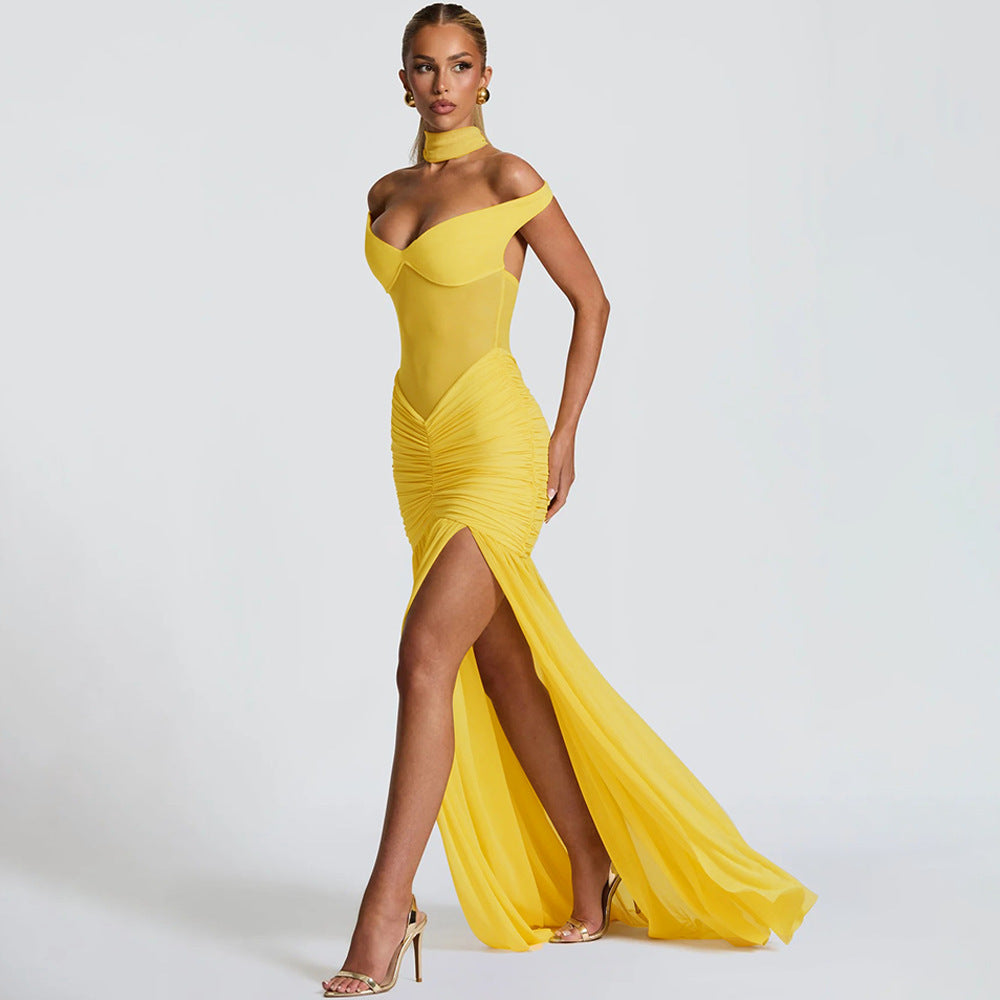 Crossborder – Robe longue en tulle à décolleté dos nu et fente latérale