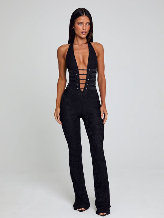 SHEIN MOD – Combinaison en dentelle avec dos nu et jambes évasées