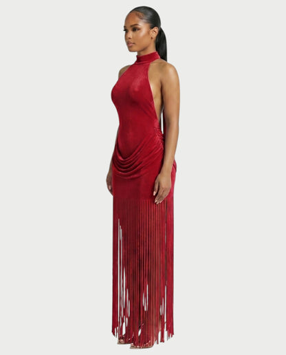 Salyne – Robe maxi drapée à col halter et franges
