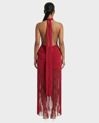 Salyne – Robe maxi drapée à col halter et franges