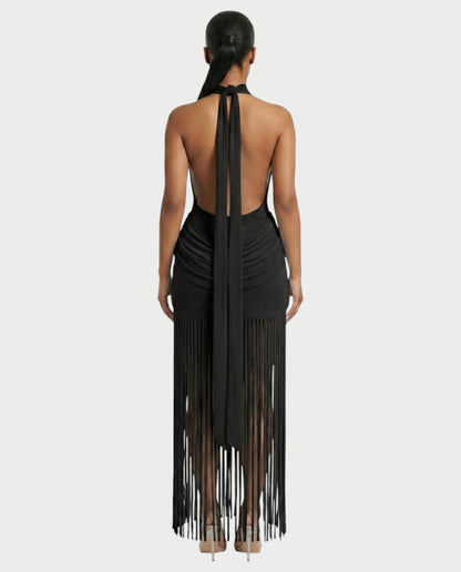 Salyne – Robe maxi drapée à col halter et franges