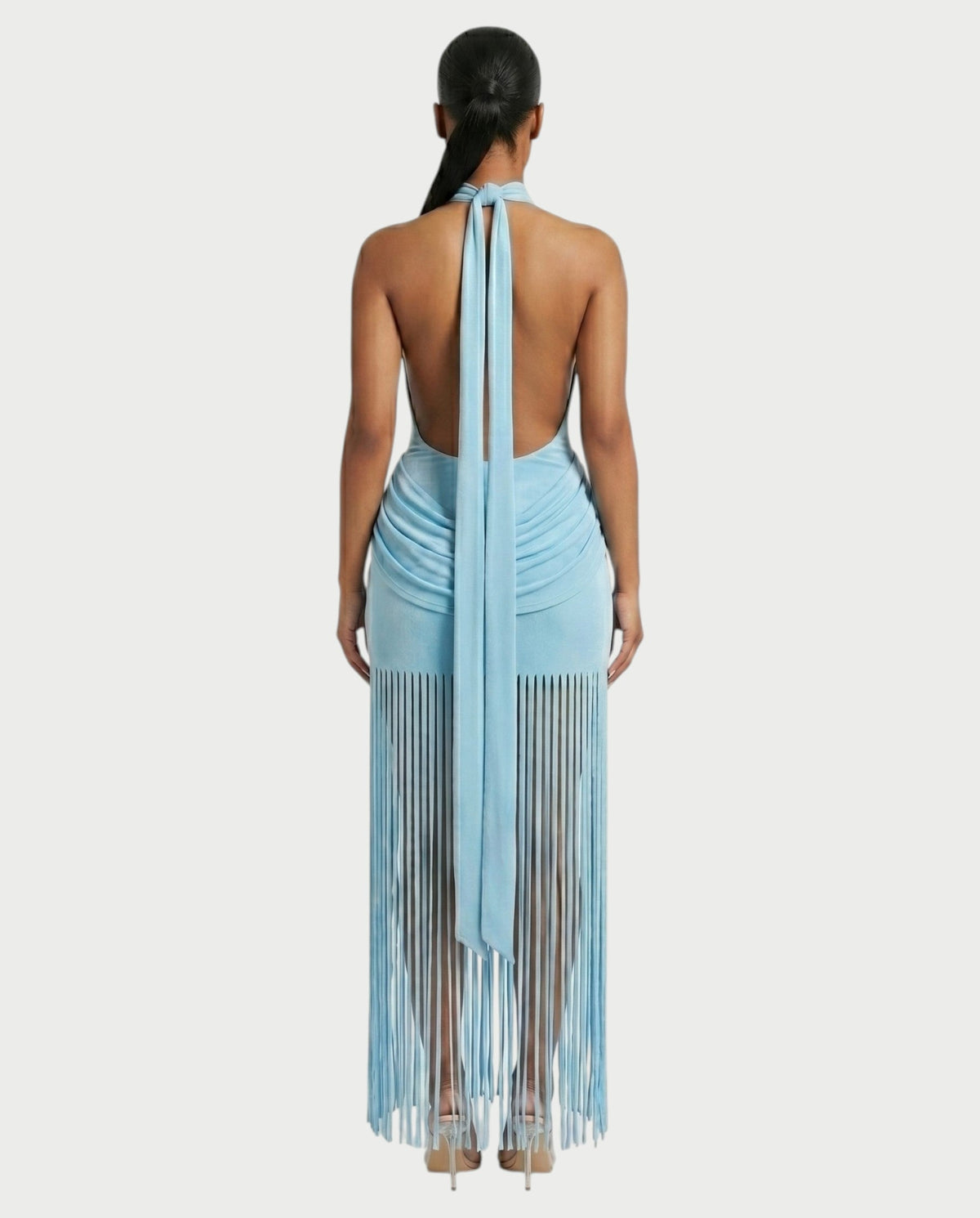 Salyne – Robe maxi drapée à col halter et franges