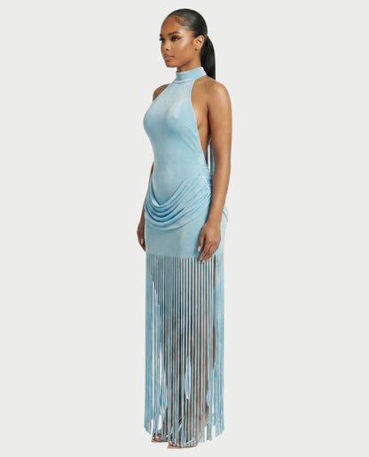 Salyne – Robe maxi drapée à col halter et franges