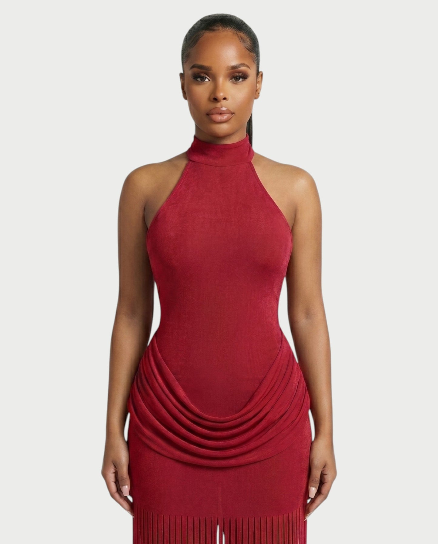 Salyne – Robe maxi drapée à col halter et franges