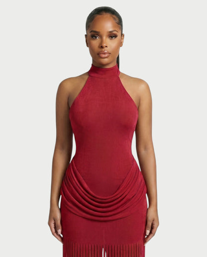 Salyne – Robe maxi drapée à col halter et franges