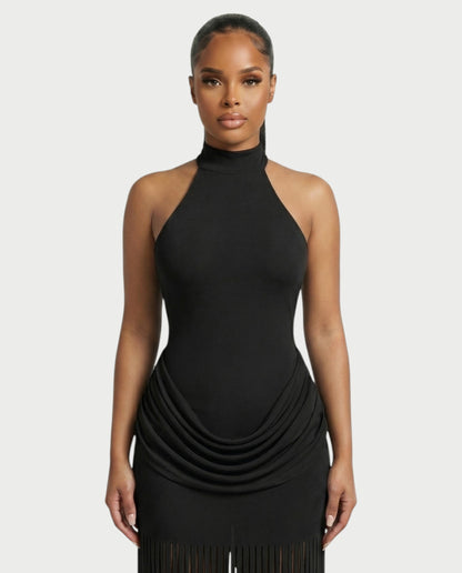Salyne – Robe maxi drapée à col halter et franges