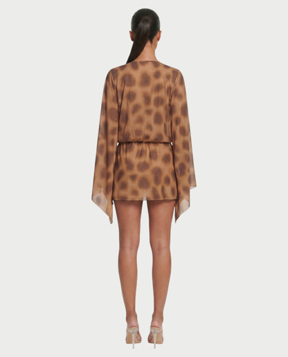 Salyne – Robe mini drapée à décolleté plongeant et imprimé animalier