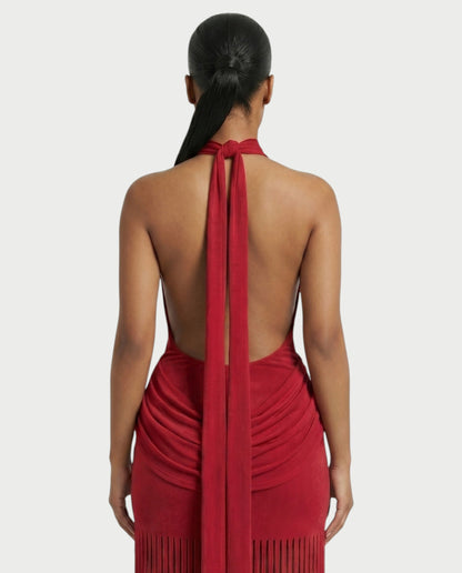 Salyne – Robe maxi drapée à col halter et franges
