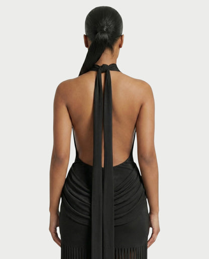 Salyne – Robe maxi drapée à col halter et franges