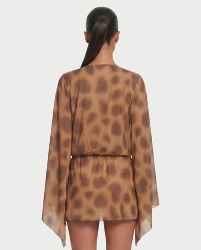 Salyne – Robe mini drapée à décolleté plongeant et imprimé animalier