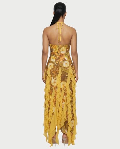 Bachina – Robe maxi à volants et imprimé chaîne baroque