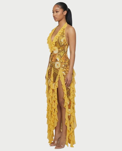 Bachina – Robe maxi à volants et imprimé chaîne baroque