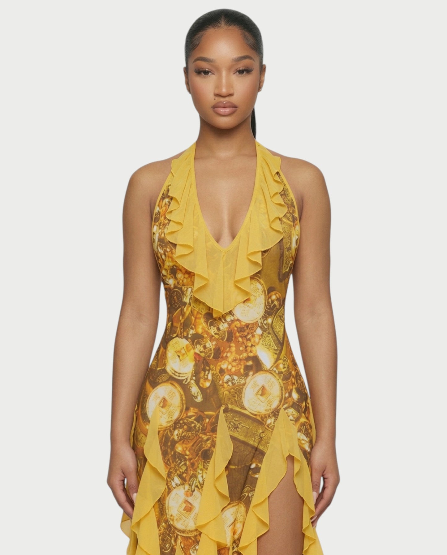 Bachina – Robe maxi à volants et imprimé chaîne baroque