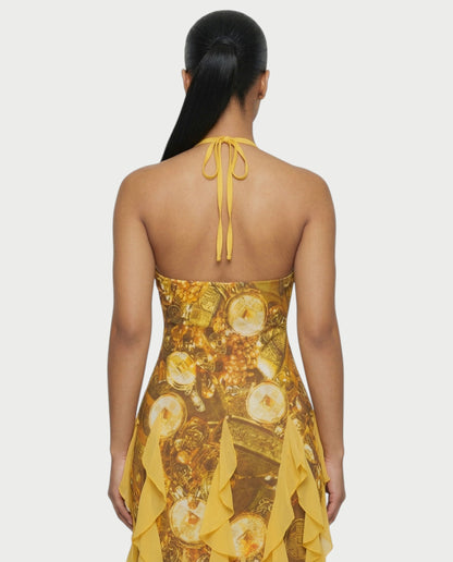 Bachina – Robe maxi à volants et imprimé chaîne baroque