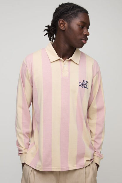 BoohooMAN - Polo à manches longues, coupe régulière LTD EDTN à rayures brodées