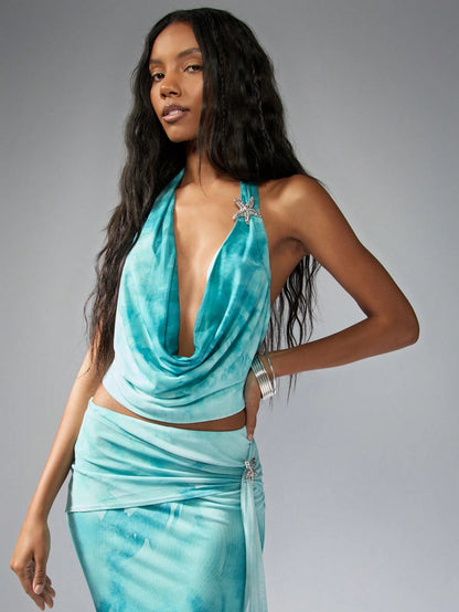 MISSGUIDED – Ensemble top & jupe à encolure avec broche étoile de mer en cristal