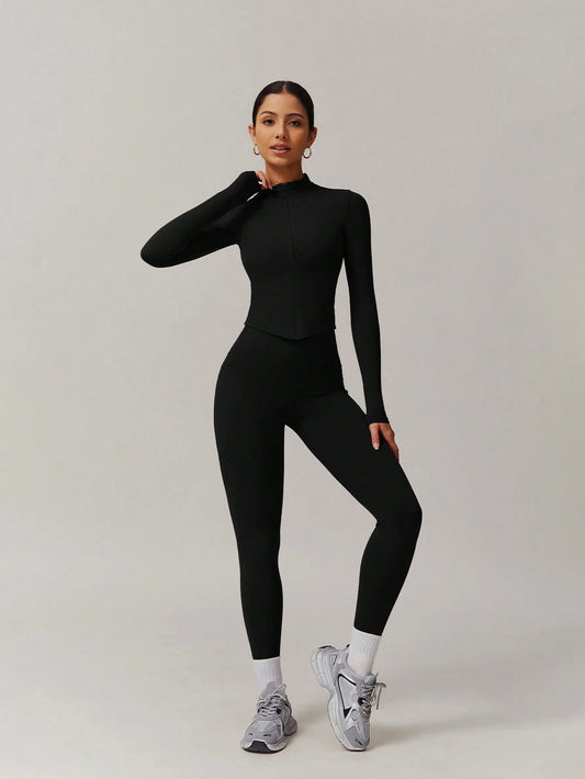 SHEIN – Ensemble Top à manches longues et pantalon avec fermeture Éclair, décontracté et sportif