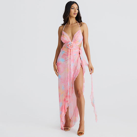 ATYWS – Robe à décolleté V avec fente haute et détails en dentelle