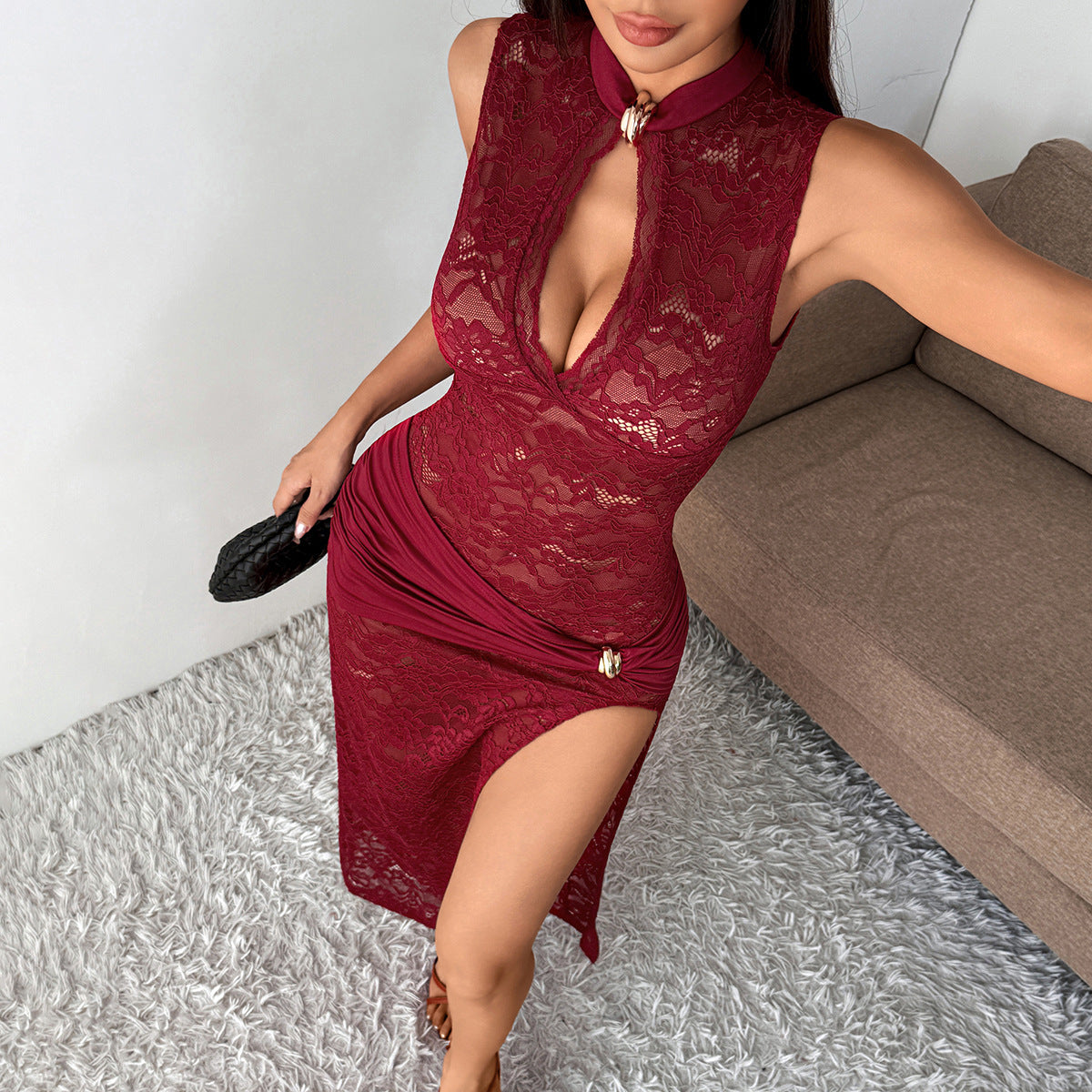 SHEIN - Robe de cocktail fente haute avec décoration métallique pour soirées festives