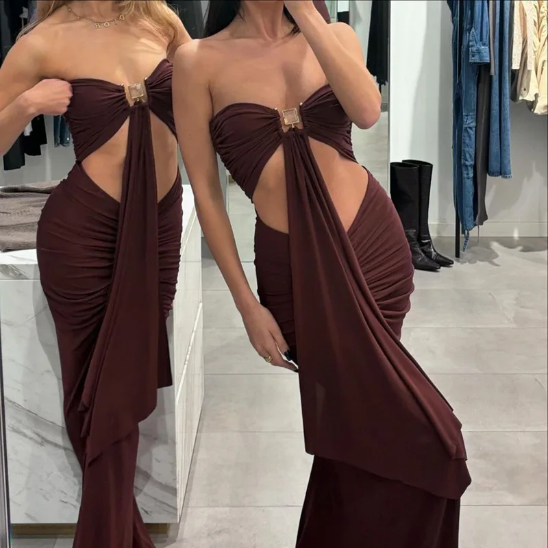 ATYWS - Robe plissée sans manches Slim, taille haute, design exposé