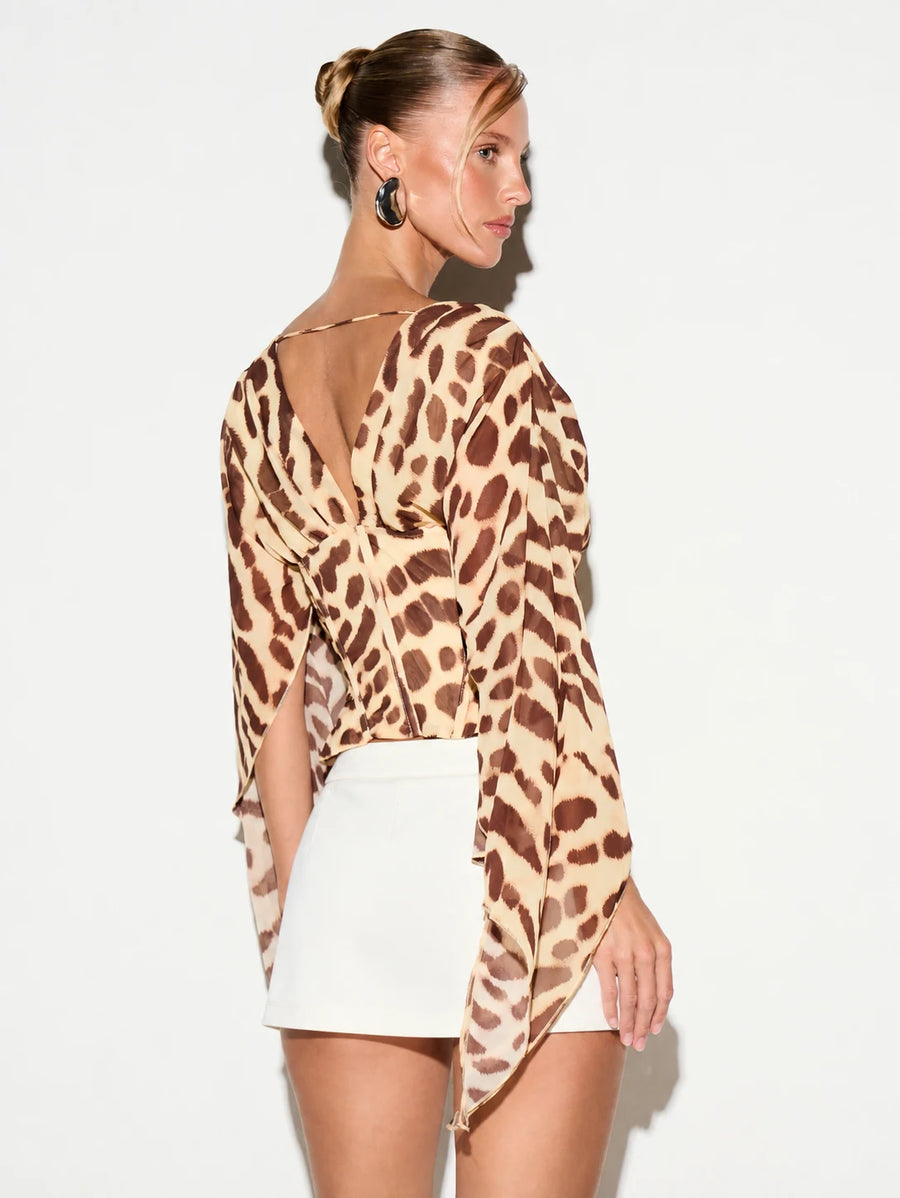 KIZN Bach – Ensemble Corset imprimé animal à décolleté V profond et manches & mini-jupe blanche