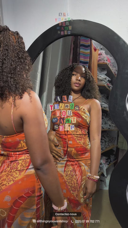 BSK&TRAF – Robe midi imprimée à col en V, style resort, coupe fluide